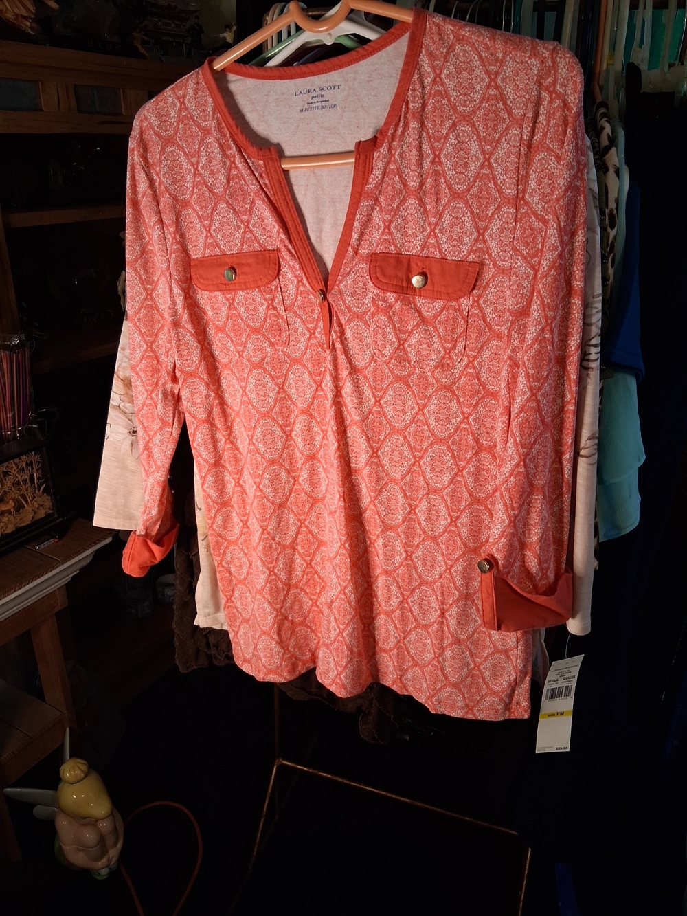 Laura Scott Coral Printed Long Sleeve Popover Blouse